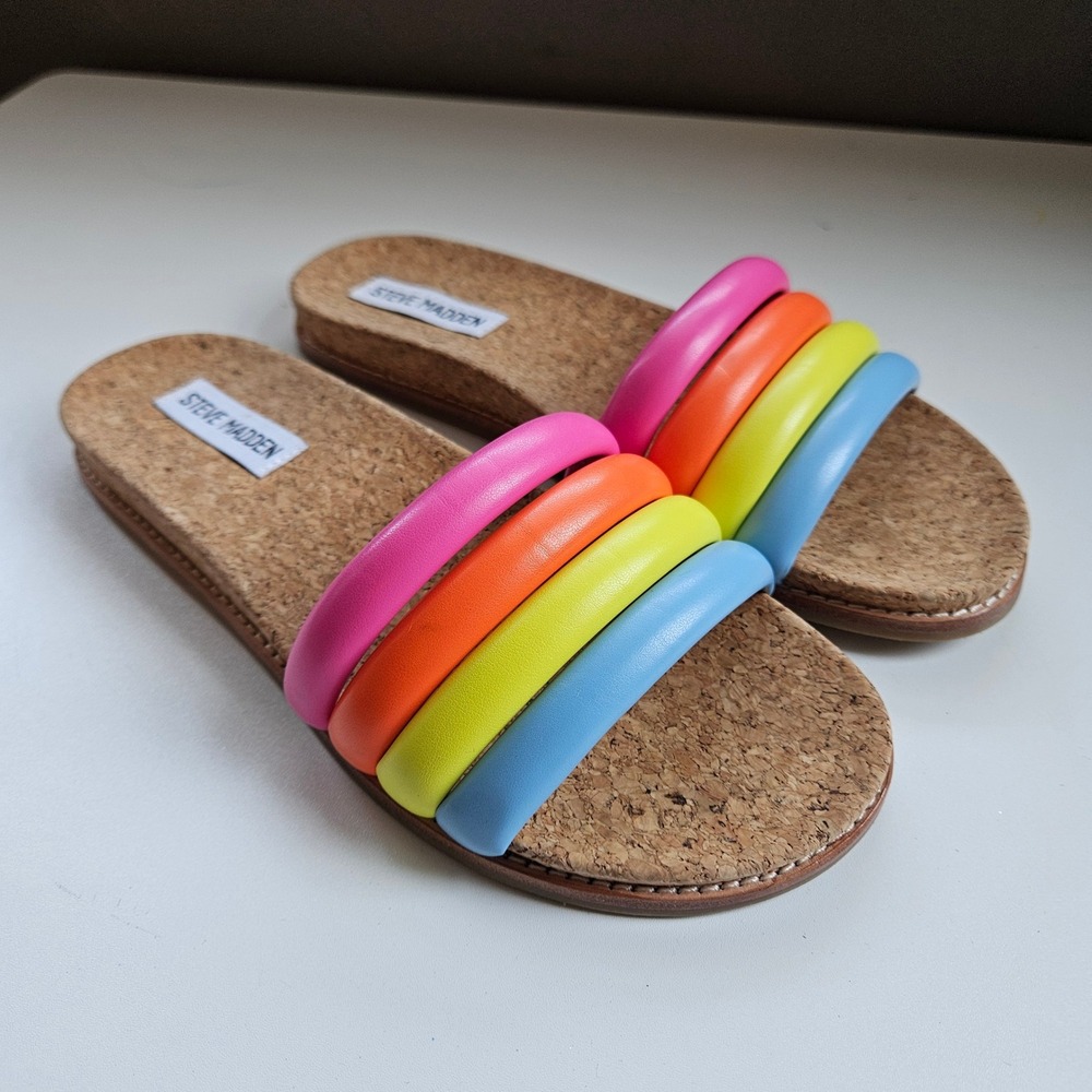 Steve Madden Rainbow Slide Sandals Size 7.5 Multi Color Cork Footbed Resort